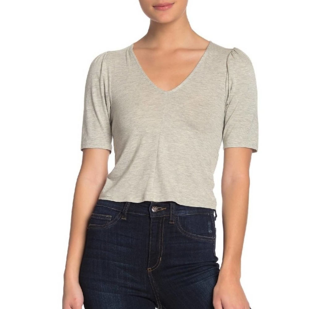 Hiatus Puff Sleeve Crop Top Light Heather Grey XL NWT